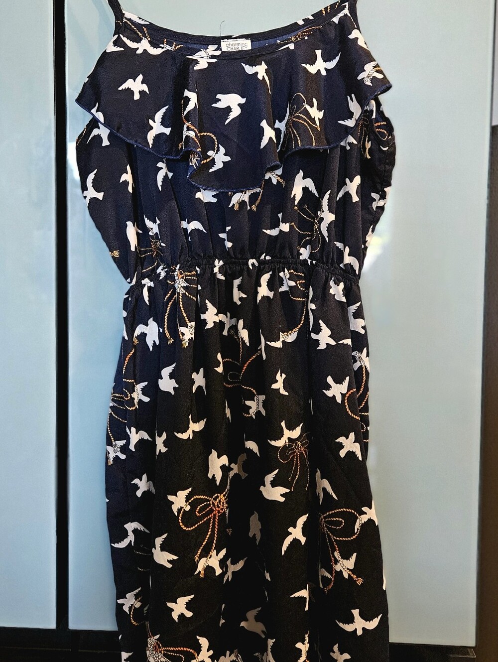 Navy Mini Dress with White Bird Print and Gold Bow Accents